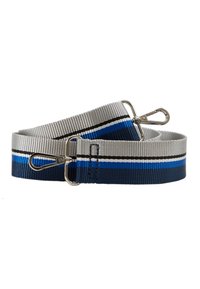 Guinzaglio per cani grigio e blu navy con strisce orizzontali e clip in metallo argentato. Realizzato in nylon resistente con finitura testurizzata.