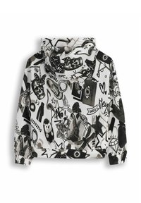 Biała bluza z kapturem z kolażem czarno-białych ilustracji, w tym czaszek, kwiatów i różnych obiektów.