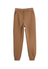 Bruine joggingsbroek van zachte stof, met een elastische tailleband met een trekkoord, zijzakken en smalle boorden bij de enkels.