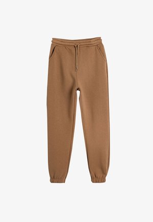 Bruine joggingsbroek van zachte stof, met een elastische tailleband met een trekkoord, zijzakken en smalle boorden bij de enkels.
