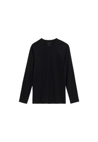Czarny t-shirt z długim rękawem, wykonany z miękkiej bawełny. Posiada okrągły dekolt i dopasowany krój, bez widocznych logotypów czy wzorów.