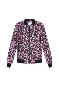 Jachetă bomber cu un model de leopard roz și negru, cu o guler, manșete și talie din material ribbed negru; închidere cu fermoar pe față.