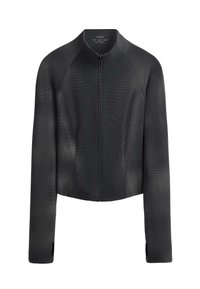 Veste noire texturée à manches longues avec fermeture éclair, trous pour les pouces et col montant, design ajusté et poches latérales zippées.