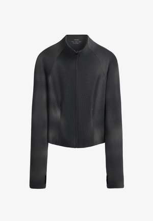 Giacca nera a maniche lunghe con zip, tessuto testurizzato, fori per il pollice e collo alto, design aderente e tasche laterali con zip.