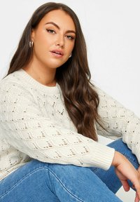 Cremfarbener gestrickter Pullover mit einem strukturierten Rautenmuster und gerippten Bündchen, kombiniert mit blauen Jeans. Modell sitzt mit abgestütztem Arm.