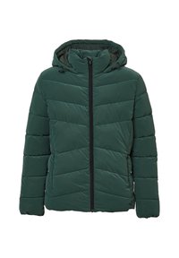 Giacca a vento verde con zip frontale, cappuccio e motivo a zigzag trapuntato. Presenta una superficie liscia e un cordino regolabile nel cappuccio.