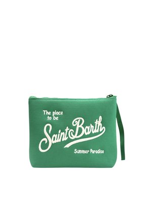 Bustina in tessuto verde con cerniera, con testo bianco che dice "The place to be Saint Barth Summer Paradise" e un piccolo cinturino da polso.