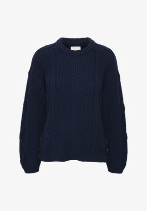 Suéter de punto azul marino con un cuello redondo de canalé, patrón texturizado de trenzas y detalles con botones en el costado para un toque adicional.