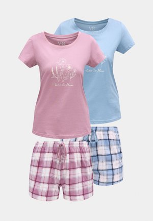 Két garnitúra női rövid ujjú pizsama virágmintás pólókkal rózsaszínben és kékben, a hozzájuk illő, kockás, zsinóros rövidnadrágokkal párosítva.