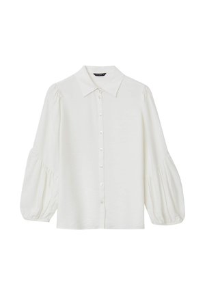 Weißes Langarmhemd mit klassischem Kragen, vorderen Knöpfen und voluminösen Puffärmel, gefertigt aus leichtem Stoff.