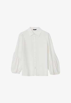 Weißes Langarmhemd mit klassischem Kragen, vorderen Knöpfen und voluminösen Puffärmel, gefertigt aus leichtem Stoff.
