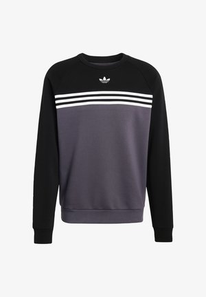 Mikina s raglánovými rukávy. Černé rukávy, šedé tělo s třemi bílými pruhy přes hrudník. Bavlněná směsová látka, kulatý výstřih.