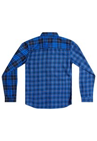 Košile s dlouhým rukávem, šněrovací s modro-černým kostkovaným vzorem, vyrobená z jemné tkaniny a se standardním límečkem.