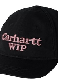 Czarna czapka bejsbolowa wykonana z bawełnianego płótna. Ozdobiona haftowanym różowym napisem "Carhartt WIP" z przodu. Ma zakrzywiony daszek oraz konstrukcję z sześcioma panelami.