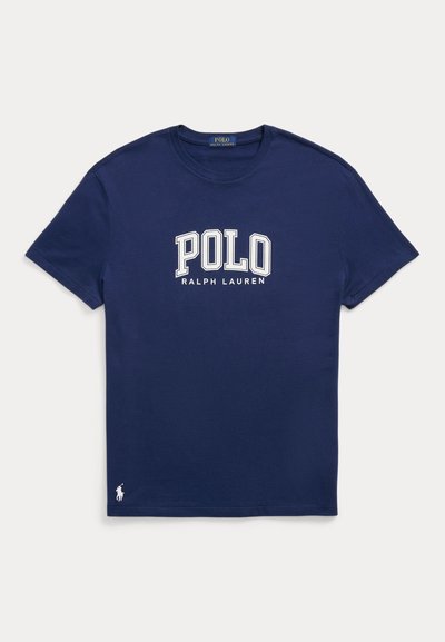 Navy blue short-sleeve t-shirt with "POLO RALPH LAUREN" text on front and small white polo player logo near the hem.
