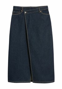 Denim rok in donker marineblauw, midi-lengte, met een wikkelontwerp, blootgestelde stiksels in een contrasterende kleur en een voorzijde met een split.