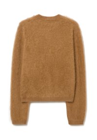 Brauner, flauschiger Strickpullover mit rundem Halsausschnitt und langen Ärmeln, ausgestattet mit einem cropped Schnitt und weicher Beschaffenheit. Keine sichtbaren Muster oder Beschläge.