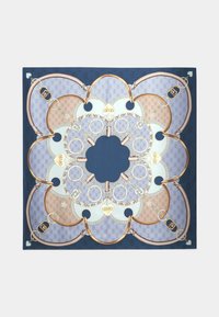 Foulard quadrato in seta con intricati motivi circolari in lavanda, crema e blu navy, arricchiti da dettagli dorati e motivi a catena.