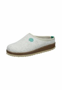 Gray felt slip-on shoe with a rounded toe, green swirl logo, rubber sole, and beige trim. Textured upper with cushioned footbed.