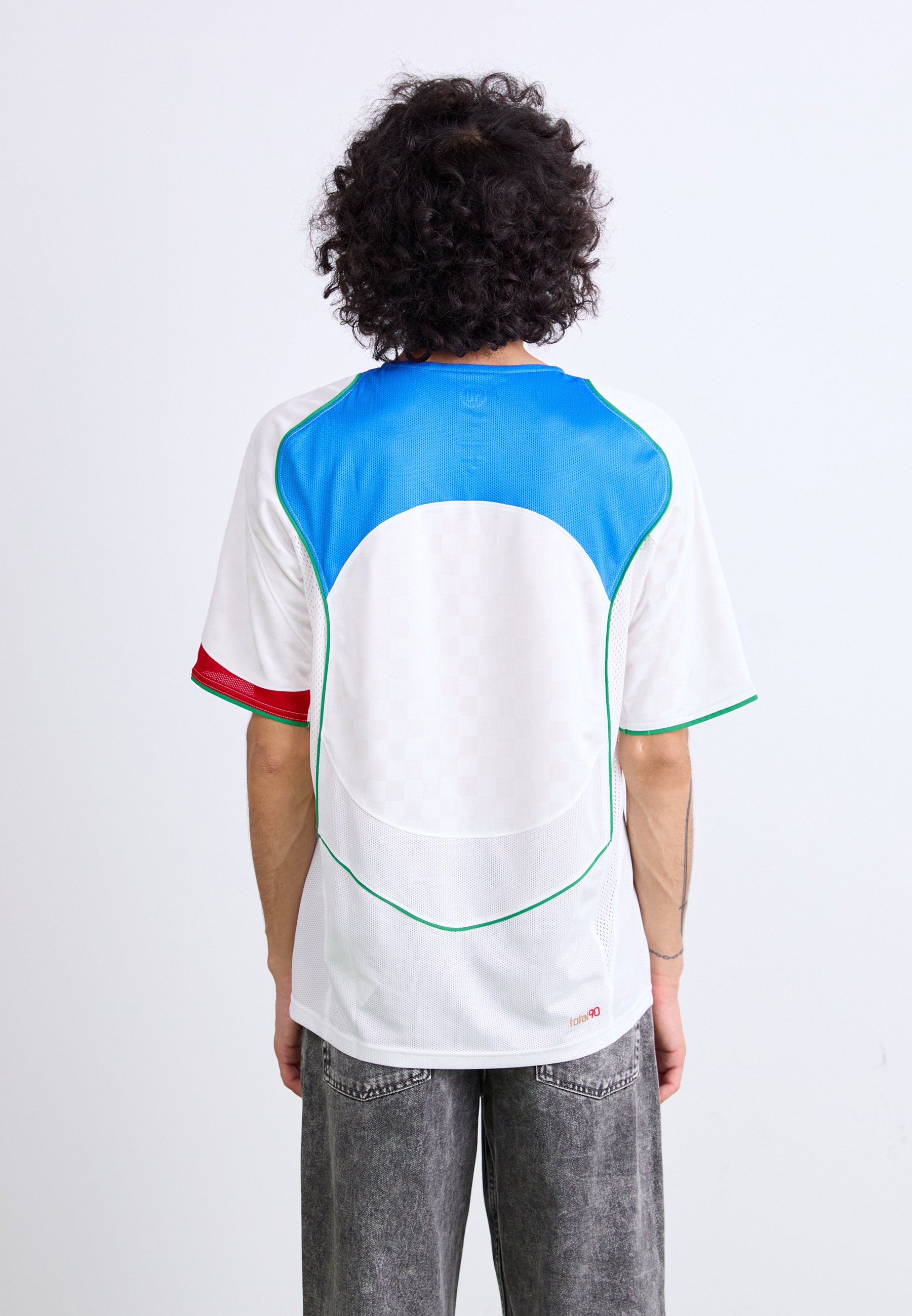 blue white and red nike shirt