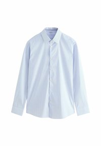 Camicia da uomo azzurro chiaro a maniche lunghe con sottili righe verticali, chiusura con bottoni e colletto classico realizzata in un tessuto liscio.
