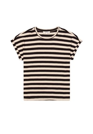 Short-sleeve black and white horizontal striped T-shirt with crew neckline, size labeled small, lying flat on white background.