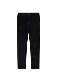 Pantalon en velours côtelé noir à jambes droites, fermeture devant par bouton et zip, passants pour ceinture et poches latérales, présenté sur fond blanc.