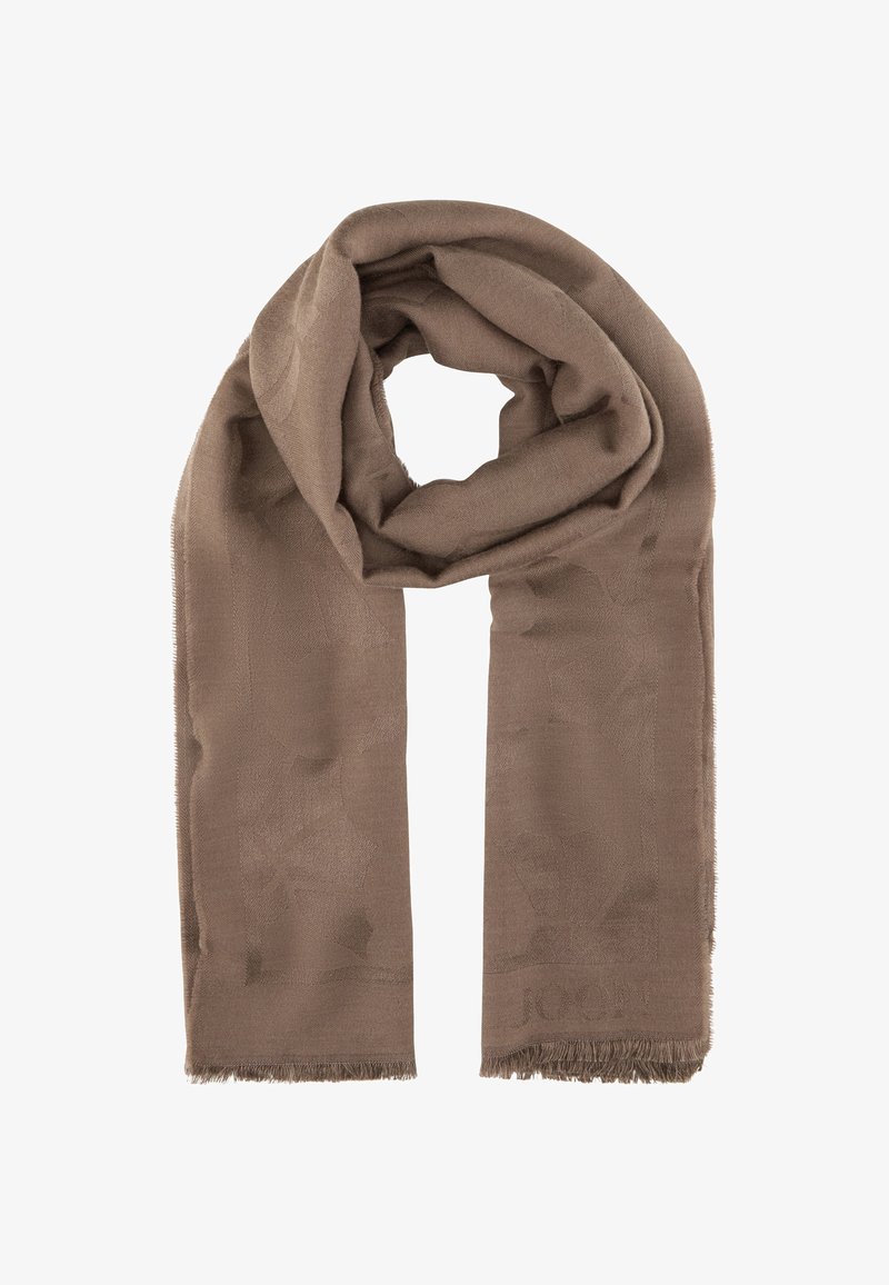 Sciarpa marrone con una texture morbida, caratterizzata da un motivo sottile e bordi frangiati. Il design include un logo in rilievo lungo l'orlo.