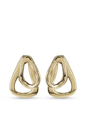 Par de pendientes de botón abstractos en forma de triángulo abierto en tono dorado brillante, con bordes redondeados irregulares y lisos, sobre fondo blanco.