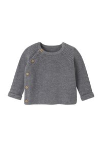 Grey ribbed knit sweater featuring a round neck, rolled cuffs, and wooden button accents along the shoulder for easy dressing.