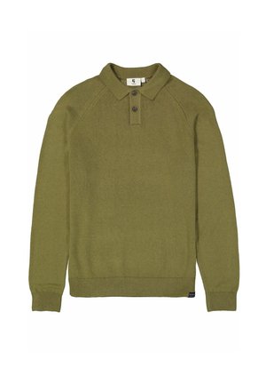 Olijfgroene gebreide trui met lange mouwen, een kraag, twee bruine knopen en geribbelde boorden aan de mouwen en zoom.