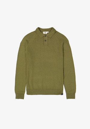 Olijfgroene gebreide trui met lange mouwen, een kraag, twee bruine knopen en geribbelde boorden aan de mouwen en zoom.