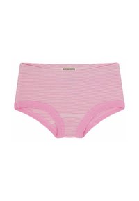 Slip rosa a righe in cotone con vita ed estremità delle gambe elasticizzate. Presenta un'etichetta con marchio al centro della parte anteriore. Tessuto morbido e design leggero.