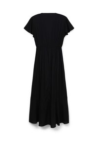 Schwarzes Maxikleid mit gerafftem Bund, kurzen, flatternden Ärmeln und einem fließenden Saum. Hergestellt aus weichem Stoff mit einem schlichten Design.
