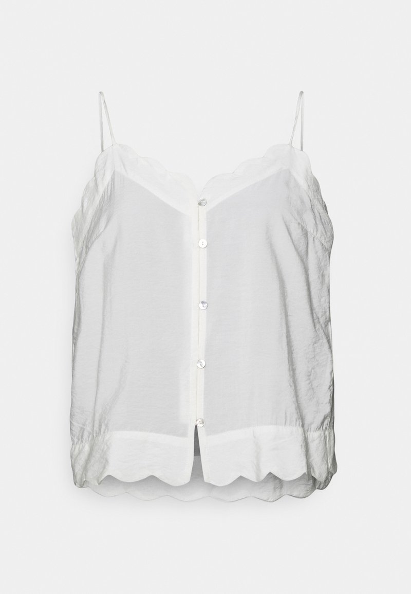 Camisole légère blanche avec des bords festonnés, des bretelles ajustables et une fermeture à boutons sur le devant. Tissu texturé avec une finition douce.