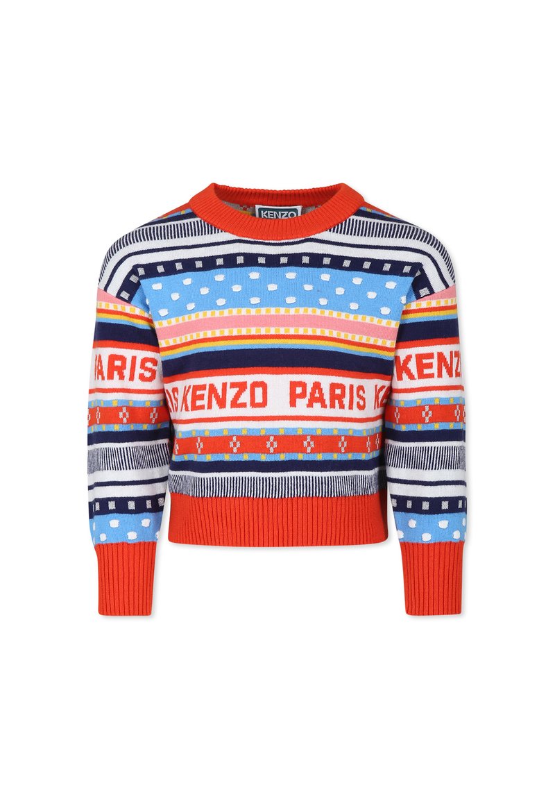 Pull en maille avec des rayures multicolores, y compris bleu, rouge et blanc. Poignets et ourlet côtelés ; logo "KENZO PARIS" affiché de manière proéminente.