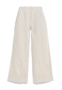Helle beige Weitbeine-Hose aus Leinen, mit einer glatten Textur, elastischem Taillenbund und gesteppten vorderen Falten für zusätzlichen Design-Details.