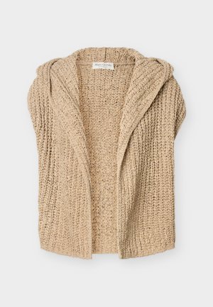 Cardigan beige en maille épaisse avec ouverture devant et capuche, présentant une texture côtelée et un tissu doux et confortable.