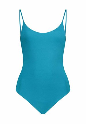 Maillot de bain une pièce bleu avec fines bretelles réglables et encolure dégagée, présenté sur fond blanc.