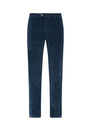 Pantaloni in corduroy blu navy con vestibilità dritta, tessuto testurizzato, tasche anteriori e chiusura a un bottone in vita.