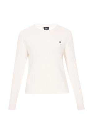 Bela pletiva sa dugim rukavima i rebrastim manžetama. Ima mali mornarski amblem sidra na lijevoj strani prsnog koša. Mekana tekstura, okrugli izrez.