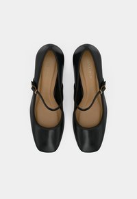 Pár čiernych kožených Mary Jane topánok so štvorcovými špičkami a tenkými prackovými pásikmi, s hnedými stielkami, na bielom pozadí.