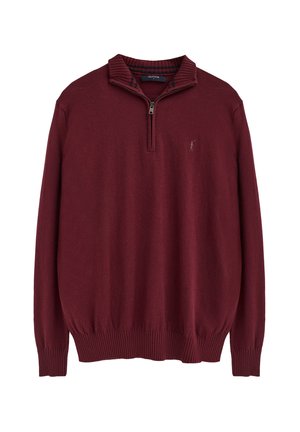 Jersey de tipo pulóver burdeos de manga larga con cremallera hasta un cuarto y cuello, puños y bajo acanalados, con un pequeño logo bordado en el pecho.