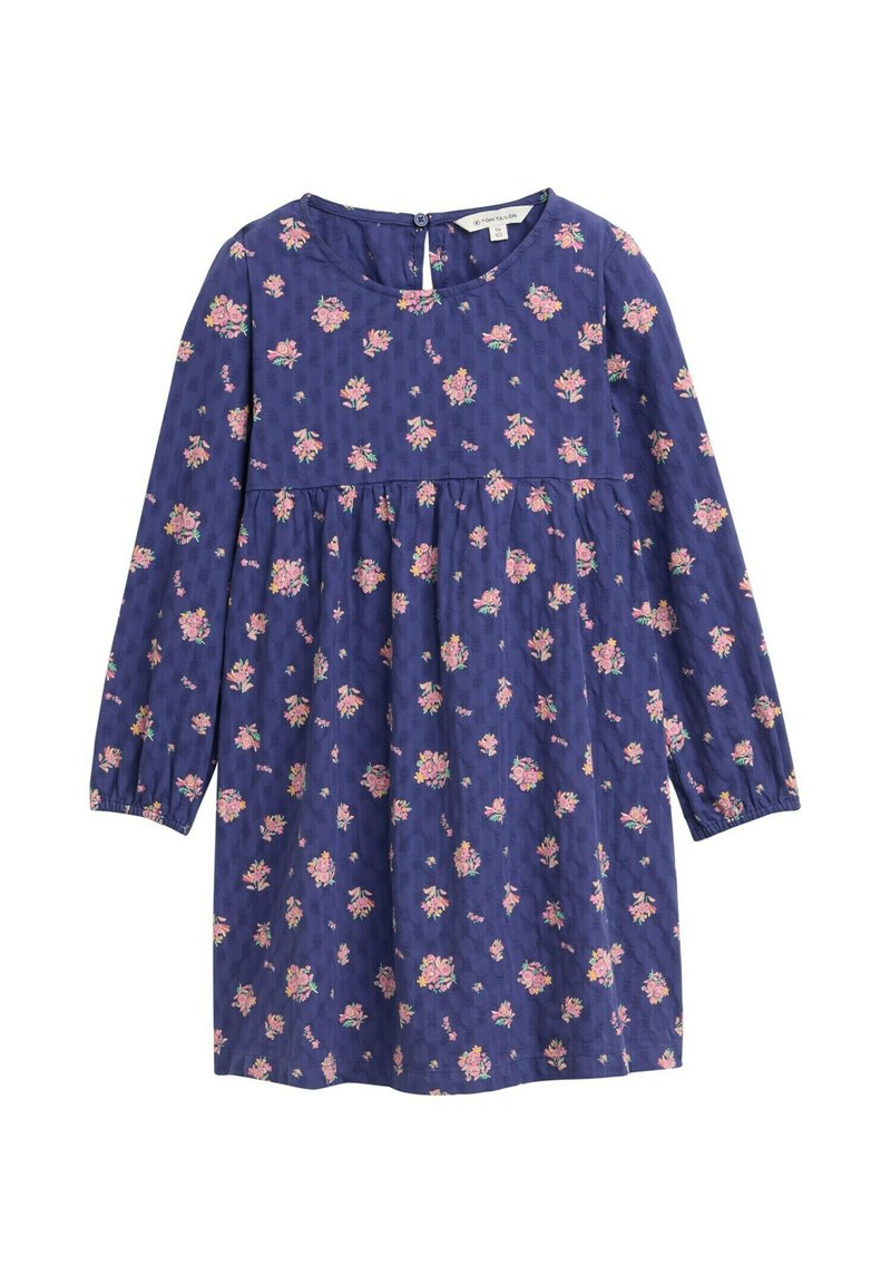 Blaues Blumenkleid mit langen Ärmeln, rundem Ausschnitt und geraffter Taille. Verfügt über rosa und grüne Blumenmuster auf einem strukturierten Stoff.
