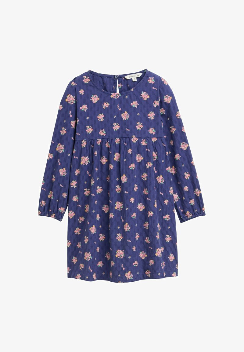 Blå blommig klänning med långa ärmar, rund halsringning och rynkad midja. Har rosa och gröna blommönster på en texturerad, tyg.