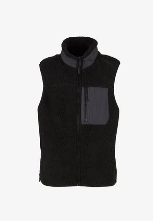 Gilet in pile nero senza maniche con collo alto, zip frontale e tasca rettangolare con zip sul lato sinistro del petto.