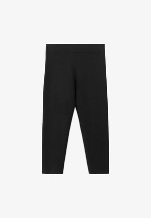 Leggings negras de cintura alta y corte por encima del tobillo, con una cinturilla ancha elástica, hechas de tela lisa y elástica, presentadas planas sobre fondo blanco.