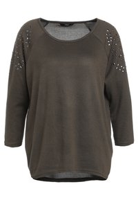 Dunkelolivgrünes Langarmshirt mit rundem Halsausschnitt und Nietenakzenten auf den Schultern, aus weichem Stoff mit entspannter Passform.