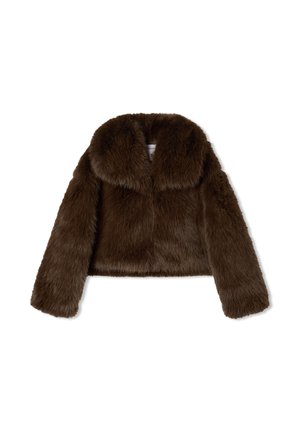 Giacca corta in pelliccia sintetica marrone con ampio colletto, maniche lunghe e una superficie esterna morbida e texturizzata. Chiusura frontale non visibile.