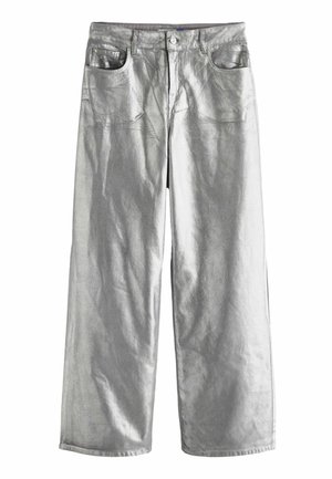 Pantalons larges en métal argenté en tissu texturé, dotés de deux poches avant et d'une fermeture à bouton à la taille.